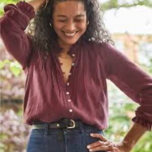 Faherty Willa Pleated Peasant Blouse Grape Bohemian Indie Organic Cotton Boho, L
